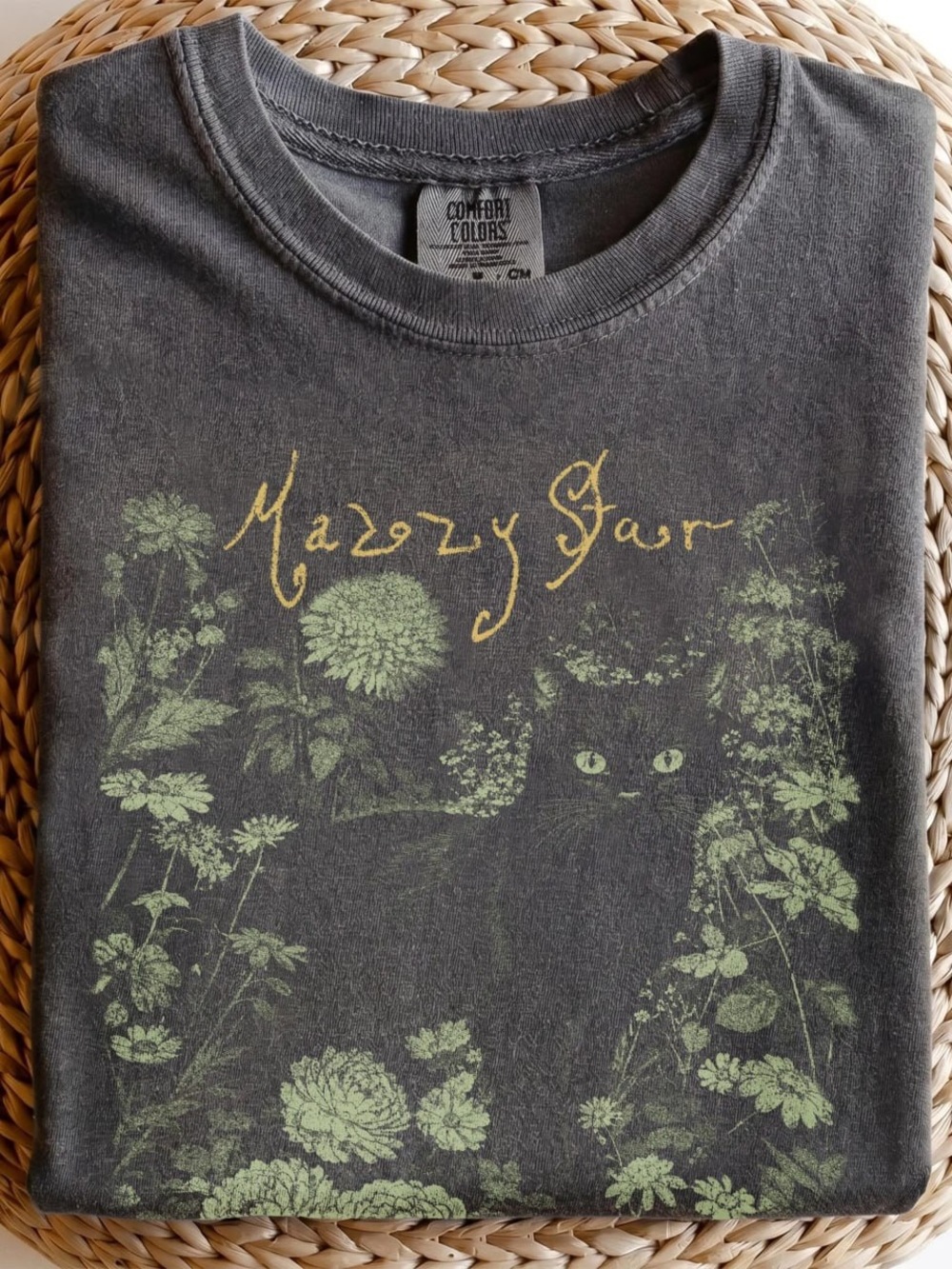 Comfort Colors Mazzy Star Tee with Yellow Script and Green Floral Cat Graphic